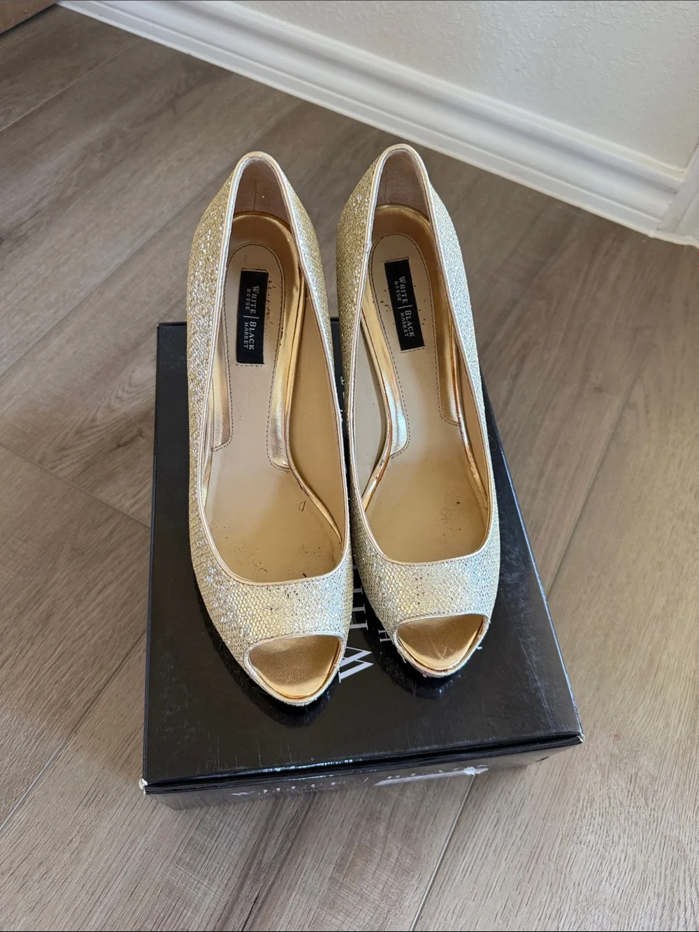 White House Black Market Gold Glitter Peep-Toe Pumps